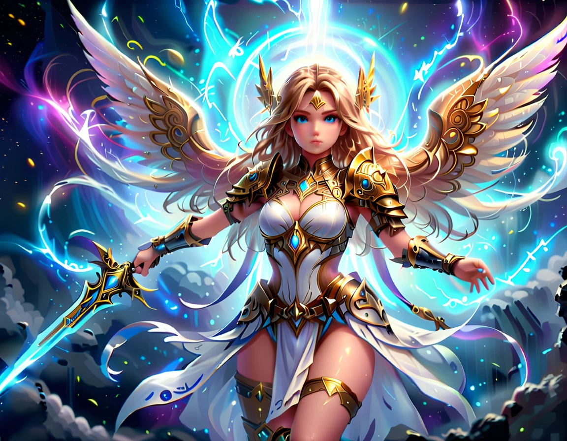 arafed a warrior angel in space battling in outer space, a female angel knight, magnificent beauty, divine beauty, dynamic hair color, dynamic hair color, dynamic eye color, intent gaze, she wears intricate space armor, with intricate mechanic parts, white angelic wings spread, magnificent wings, glorious wings, outer space background, stars, vibrant, Ultra-high resolution, High Contrast, (masterpiece:1.5), highest quality, Best aesthetics), best details, best quality, highres, (ultra wide angle: 1.2), 16k, ultra detailed, masterpiece, best quality, (extremely detailed),aetherpunkai, GlowingRunesAI_paleblue, Sword and shield