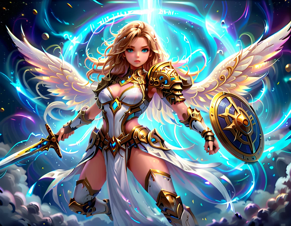 arafed a warrior angel in space battling in outer space, a female angel knight, magnificent beauty, divine beauty, dynamic hair color, dynamic hair color, dynamic eye color, intent gaze, she wears intricate space armor, with intricate mechanic parts, white angelic wings spread, magnificent wings, glorious wings, outer space background, stars, vibrant, Ultra-high resolution, High Contrast, (masterpiece:1.5), highest quality, Best aesthetics), best details, best quality, highres, (ultra wide angle: 1.2), 16k, ultra detailed, masterpiece, best quality, (extremely detailed),aetherpunkai, GlowingRunesAI_paleblue, Sword and shield
