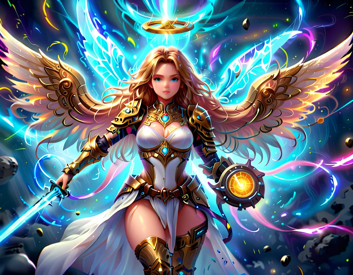 arafed a warrior angel in space battling in outer space, a female angel knight, magnificent beauty, divine beauty, dynamic hair color, dynamic hair color, dynamic eye color, intent gaze, she wears intricate space armor, with intricate mechanic parts, white angelic wings spread, magnificent wings, glorious wings, outer space background, stars, vibrant, Ultra-high resolution, High Contrast, (masterpiece:1.5), highest quality, Best aesthetics), best details, best quality, highres, (ultra wide angle: 1.2), 16k, ultra detailed, masterpiece, best quality, (extremely detailed),aetherpunkai, GlowingRunesAI_paleblue, Sword and shield