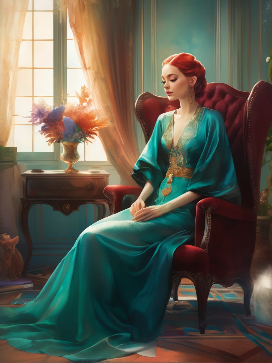in style of Anna Dittmann, full body portrait of character sitting in the living room