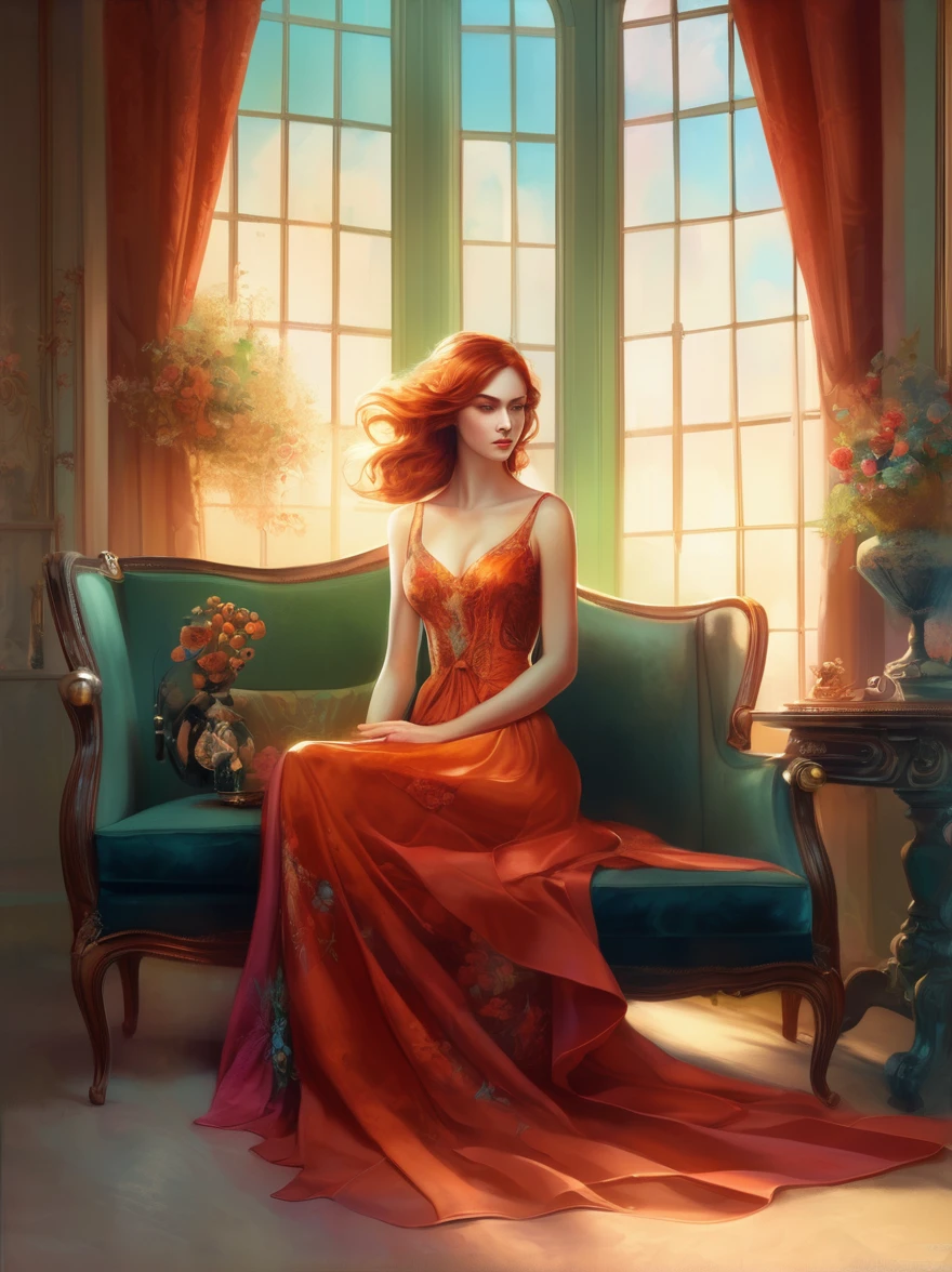 in style of Anna Dittmann, full body portrait of character sitting in the living room