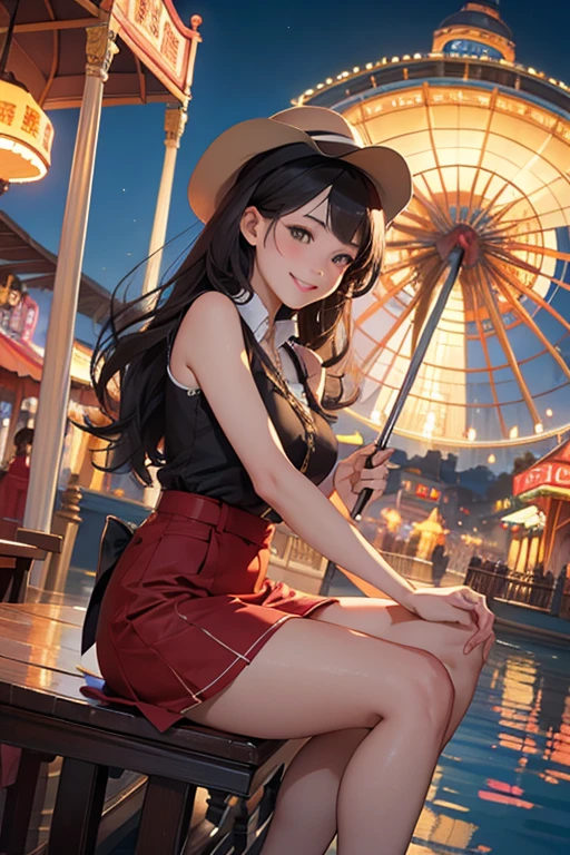 Highest quality、masterpiece、High sensitivity、High resolution、Detailed Description、One person、Slender women、Slim Body、Riding a gondola on a Ferris wheel at an amusement park、smile、