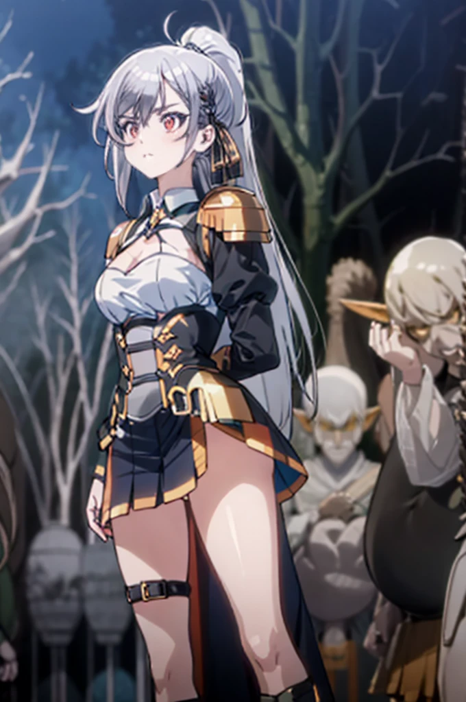 nsfw, best quality, official art, masterpiece, textile shading, HDR, gangbang, A female paladin, (in the forest), Wearing armor, metal armor, night, detailed aspects, Ultra-mini skirt 25cm above the knee, Surrounded by Goblins, Mr..々weapons, dirty,puffy nipple:1.5, large breasts, bikini tan:1.5, arms behind back:1.5, very long hair, brown hair, ponytail, restrained, pussy juice, hentai, rape face, intercourse with a goblin:1.35, vaginal penis:1.4, intercourse with a goblin:1.5, {{{girl on top:1.5}}}, barrette, {{rape:1.5}}