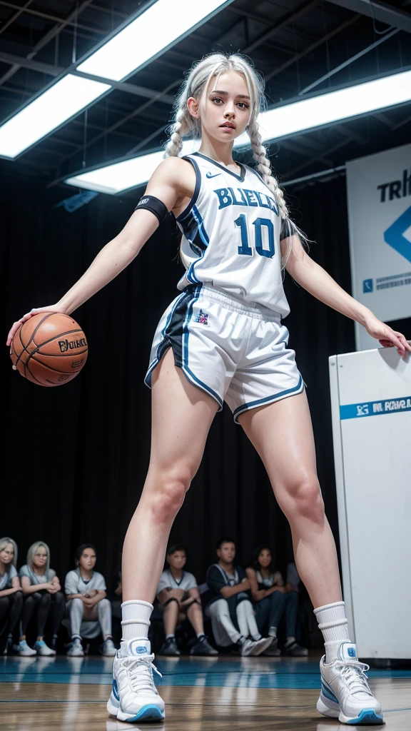 Female teenager with white hair with braids, White skin, light blue eyes with black basketball uniform with lycra full body 