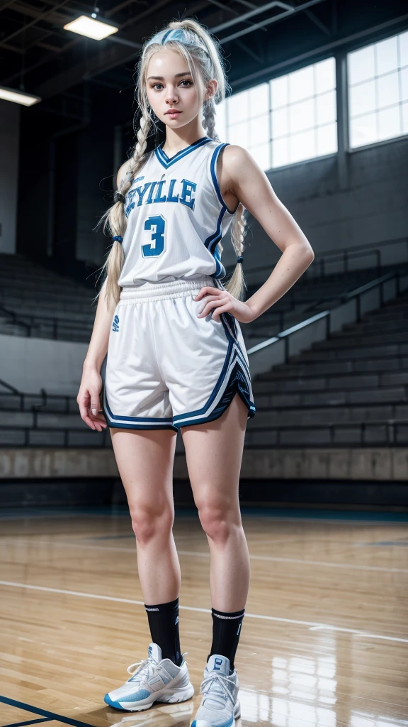 Female teenager with white hair with braids, White skin, light blue eyes with black basketball uniform with lycra full body