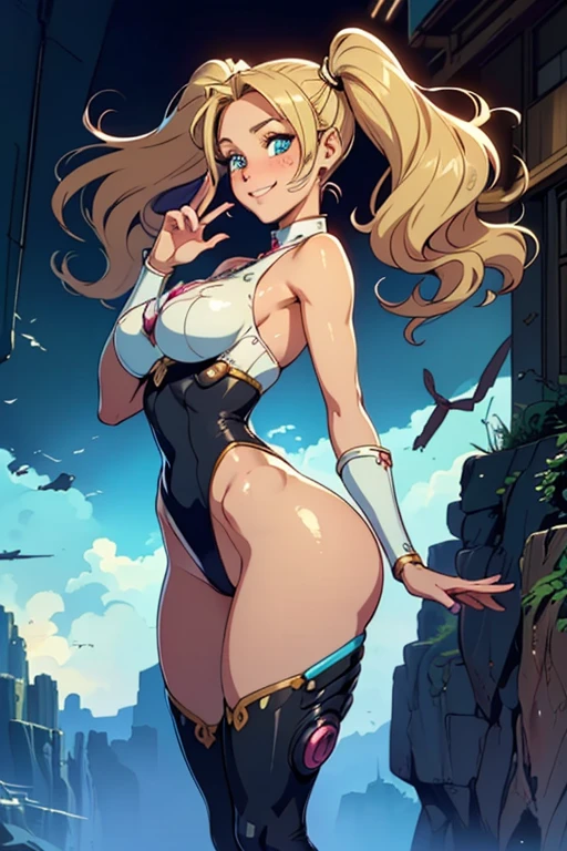 masterpiece:1.2, best quality, realistic, (real picture, intricate details, depth of field), ((woman, beautiful detailed face, longe wavy blonde hair, huge breasts, gorgeous aquamarine eyes, highly-detailed, perfect face, (skindentation), thick thighs, wide hips, small waist, tall body, big ass), blushing, gigglin, having fun, smiling, )) anime, illustration, Japanese retro futurism, cyber, sci Fi, angel theme, future angel, full body, one piece style, anime, retro futurism, twin tails hair, girly, feminine, cute, playful, sexual pose, flirty, hearts, magical girl, magic powers, blowing a kiss to viewer, floating, exposed,