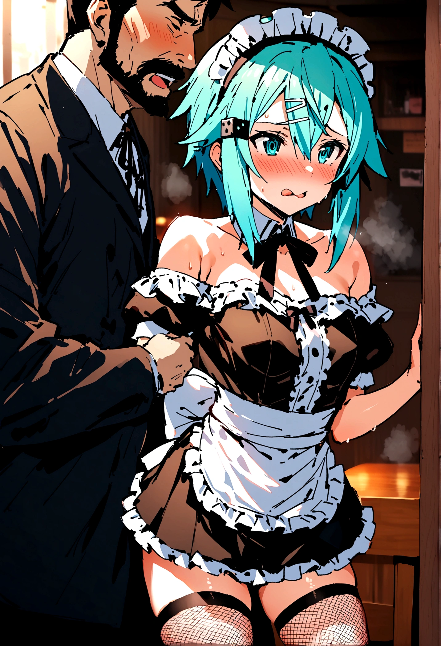 NSFW,masterpiece,Highest quality,High resolution,Super detailed,Sinon\(Sword Art Online\),(Maid clothes),Off the shoulder,Micro Mini Skirt,Headdress,Fishnet tights, hair ornaments, Hair Clip,Embarrassed,expectant face,(A sultry expression),sexual excitement,blush,nervous,Coffee shop,old-fashioned room,(Bad Men),(sexual harassment),(Body touch),(Molester),(sexual harassment),to kiss,Tongue entangled,catch