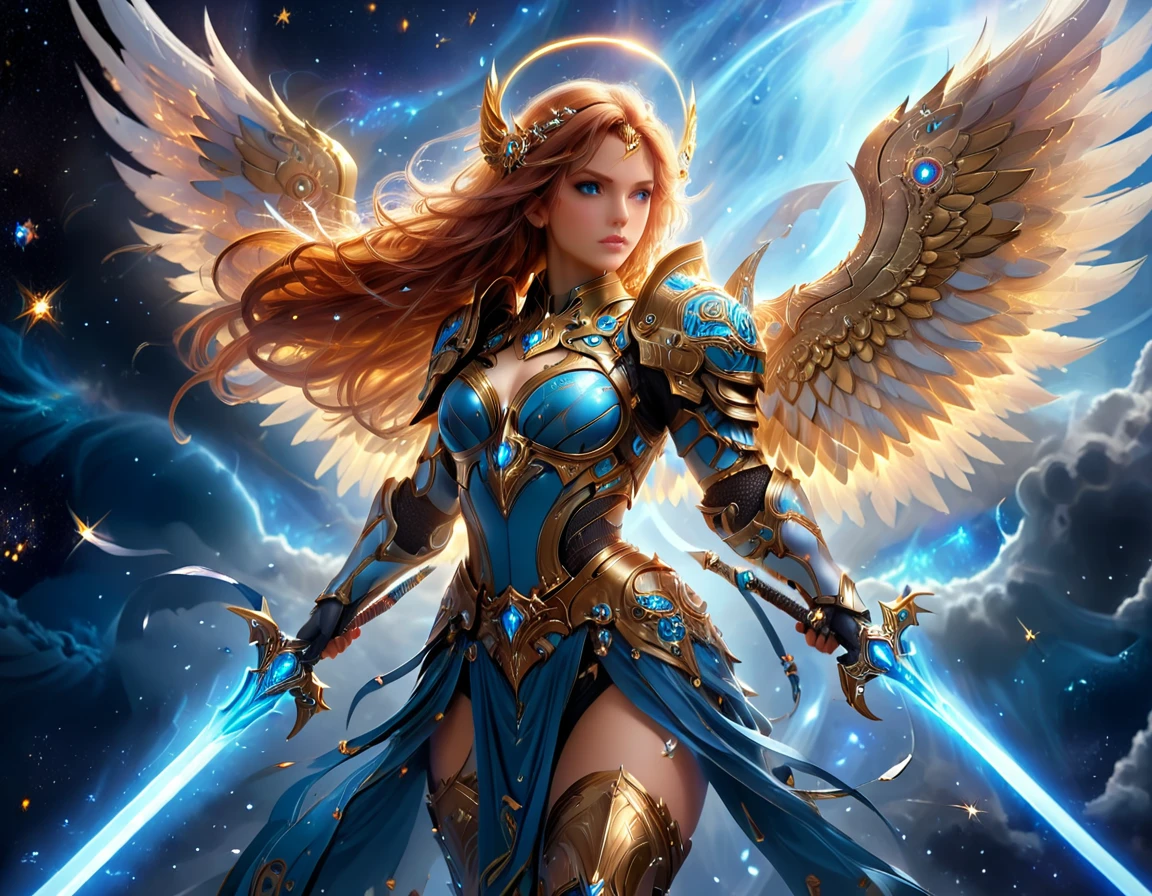 arafed a warrior angel in space battling in outer space, a female angel knight, magnificent beauty, divine beauty, dynamic hair color, dynamic hair color, dynamic eye color, intent gaze, she wears intricate space armor, with intricate mechanic parts, white angelic wings spread, magnificent wings, glorious wings, outer space background, stars, vibrant, Ultra-high resolution, High Contrast, (masterpiece:1.5), highest quality, Best aesthetics), best details, best quality, highres, (ultra wide angle: 1.2), 16k, ultra detailed, masterpiece, best quality, (extremely detailed),aetherpunkai, GlowingRunesAI_paleblue, Sword and shield