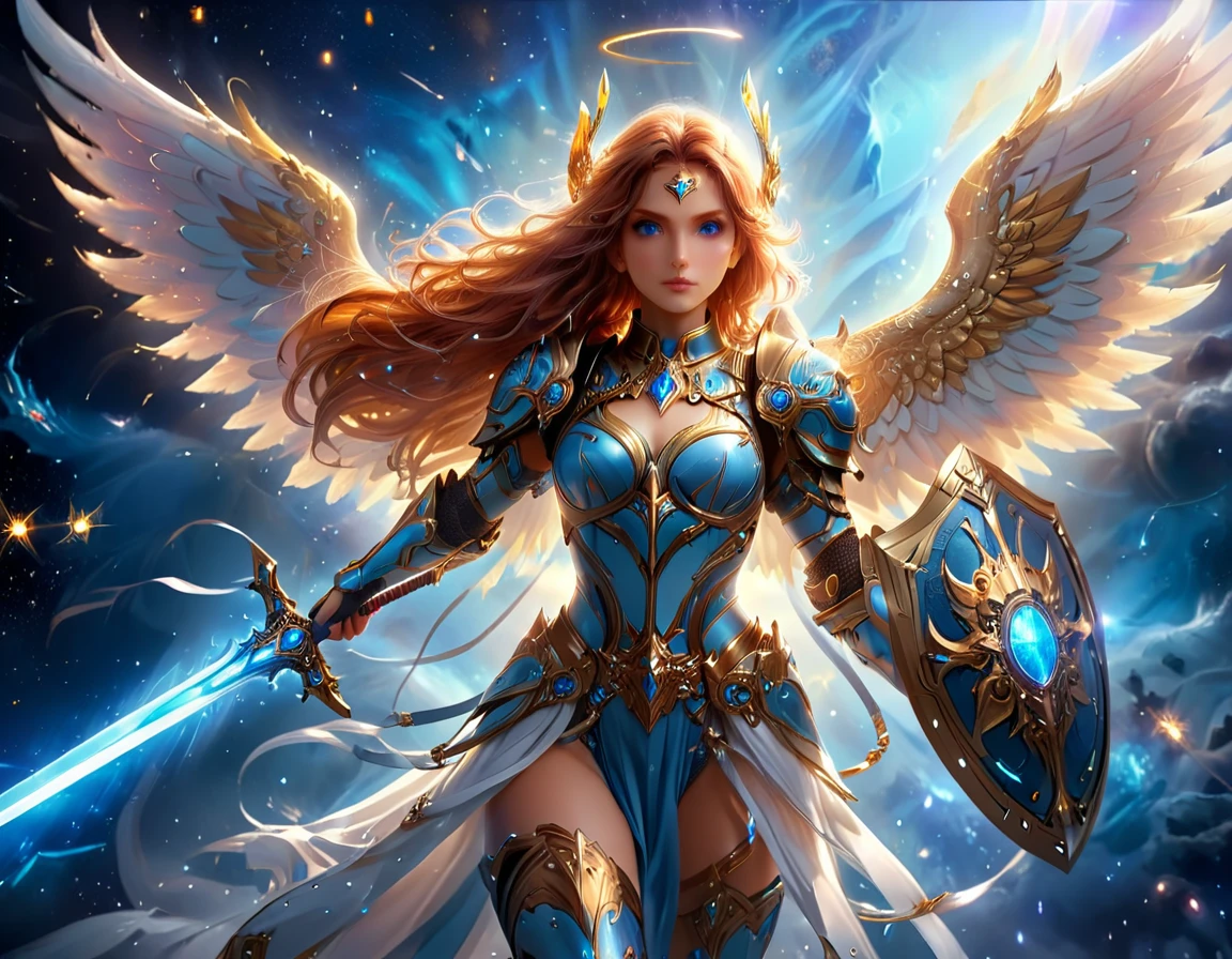 arafed a warrior angel in space battling in outer space, a female angel knight, magnificent beauty, divine beauty, dynamic hair color, dynamic hair color, dynamic eye color, intent gaze, she wears intricate space armor, with intricate mechanic parts, white angelic wings spread, magnificent wings, glorious wings, outer space background,  stars, vibrant, Ultra-high resolution, High Contrast, (masterpiece:1.5), highest quality, Best aesthetics), best details, best quality, highres, (ultra wide angle: 1.2), 16k, ultra detailed, masterpiece, best quality, (extremely detailed),aetherpunkai, GlowingRunesAI_paleblue, Sword and shield