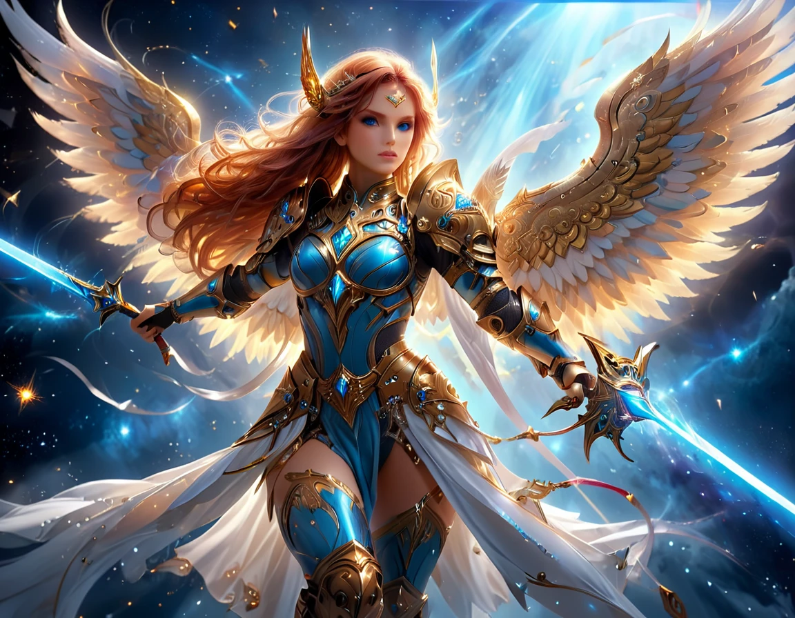 arafed a warrior angel in space battling in outer space, a female angel knight, magnificent beauty, divine beauty, dynamic hair color, dynamic hair color, dynamic eye color, intent gaze, she wears intricate space armor, with intricate mechanic parts, white angelic wings spread, magnificent wings, glorious wings, outer space background, stars, vibrant, Ultra-high resolution, High Contrast, (masterpiece:1.5), highest quality, Best aesthetics), best details, best quality, highres, (ultra wide angle: 1.2), 16k, ultra detailed, masterpiece, best quality, (extremely detailed),aetherpunkai, GlowingRunesAI_paleblue, Sword and shield