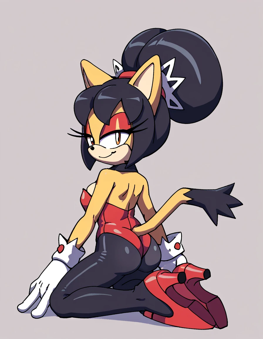 score_9, score_8_up, score_7_up, score_6_up, masterpiece, best quality, honey the cat, 1girl, solo, looking at viewer, smile, simple background, gloves, bare shoulders, closed mouth, full body, half-closed eyes, white gloves, high heels, leotard, bare legs, strapless, red makeup, highleg, playboy bunny, happy, red footwear, white bowtie, furry, highleg leotard, eyeshadow, strapless leotard, orange eyes, furry female, sonic the hedgehog \(series\), black pantyhose, kneeling, from behind, butt, butt focus