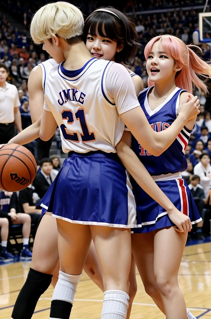 Make BTS’s Park Jimin dressed as a high school cheerleader with a short skirt hugging BTS’s Min Yoongi dressed as a high school basketball player
