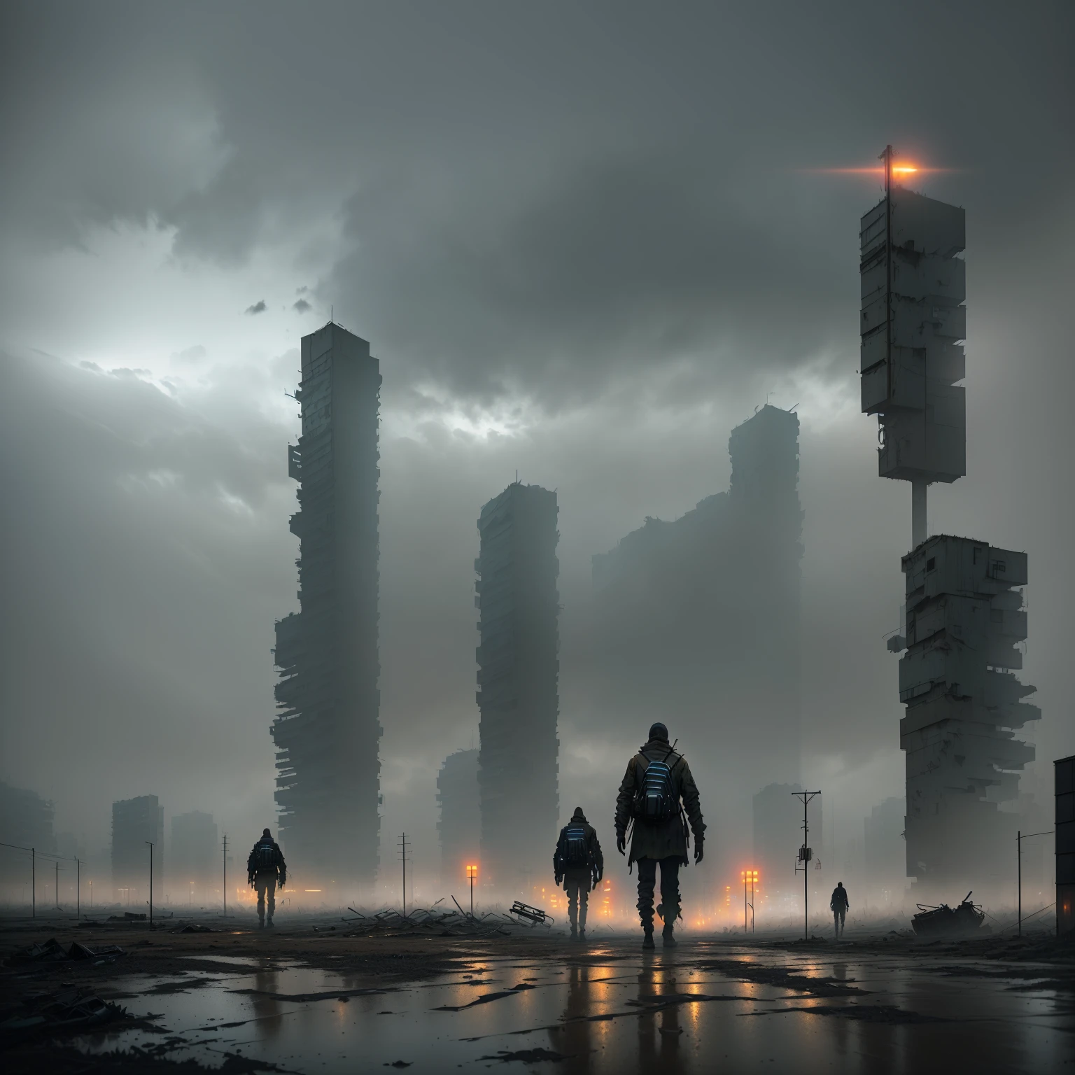 There is a man walking in the middle of a vacant area, Stefan Koidl inspired, Dystopia digital concept art, inspired by Ismail Inceoglu, Misty dystopian world, in a post-apocalyptic wasteland, haunting and nostalgic conceptual art, inspired by Simon Stålenhag, post apocalyptic landscape, dark cinematic concept art, 4K Concept Art Wallpaper, post apocalyptic atmosphere