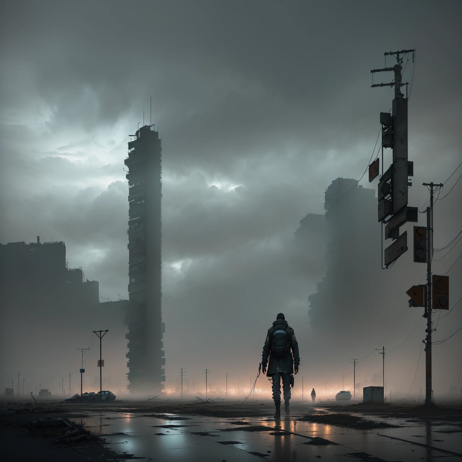 There is a man walking in the middle of a vacant area, Stefan Koidl inspired, Dystopia digital concept art, inspired by Ismail Inceoglu, Misty dystopian world, in a post-apocalyptic wasteland, haunting and nostalgic conceptual art, inspired by Simon Stålenhag, post apocalyptic landscape, dark cinematic concept art, 4K Concept Art Wallpaper, post apocalyptic atmosphere