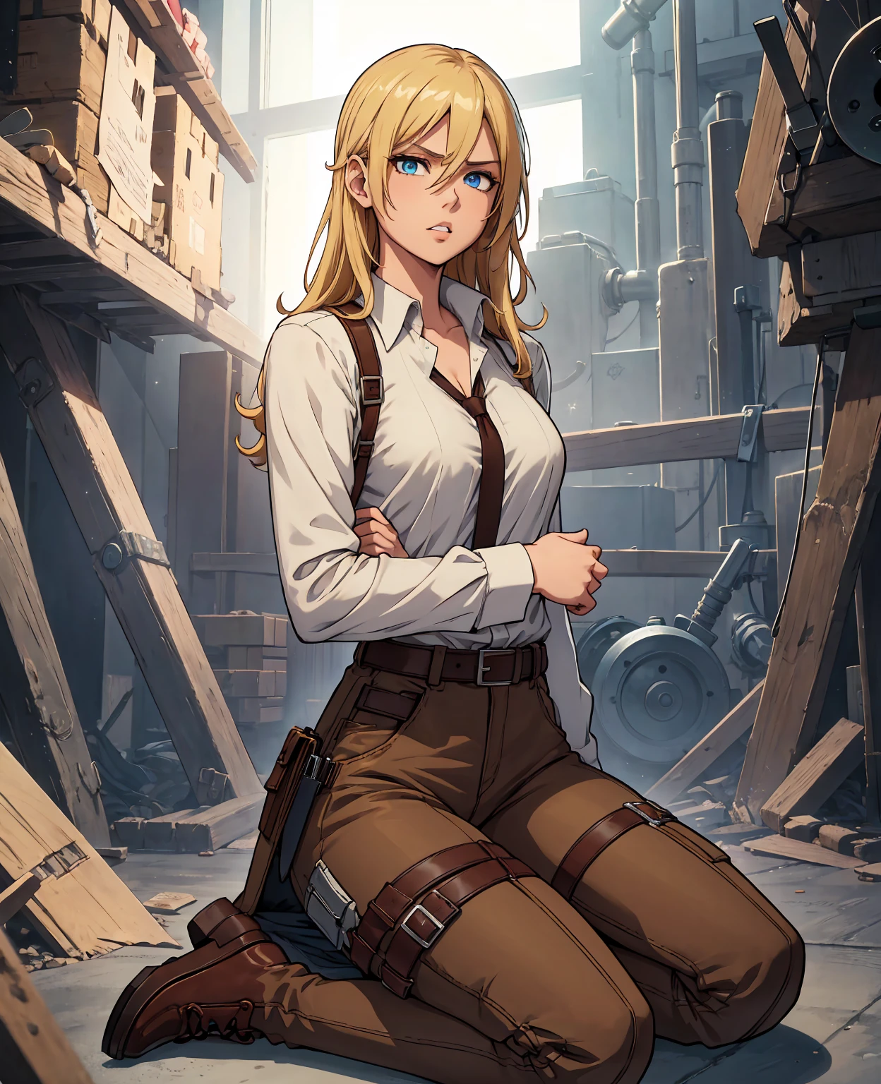 aot style, shingeki no kyojin,, , christa renz,, 1girl, belt, belt buckle, blonde hair, blue eyes, brown footwear, brown pants, buckle, chest belt, collared shirt, diamond (shape), floating hair, from side, full body, grey background, hair between eyes, hands on own thighs, long hair, long sleeves, looking ahead, own hands together, pants, parted lips, shirt, shoes, sitting, solo, sparkle, star (symbol), thigh strap, white shirt, , , ((masterpiece)), best quality, , 
