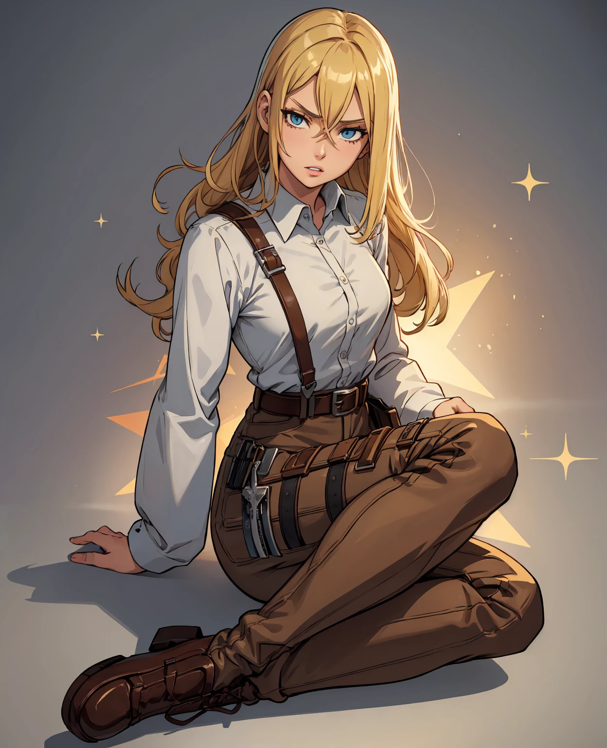 aot style, shingeki no kyojin,, , christa renz,, 1girl, belt, belt buckle, blonde hair, blue eyes, brown footwear, brown pants, buckle, chest belt, collared shirt, diamond (shape), floating hair, from side, full body, grey background, hair between eyes, hands on own thighs, long hair, long sleeves, looking ahead, own hands together, pants, parted lips, shirt, shoes, sitting, solo, sparkle, star (symbol), thigh strap, white shirt, , , ((masterpiece)), best quality, ,