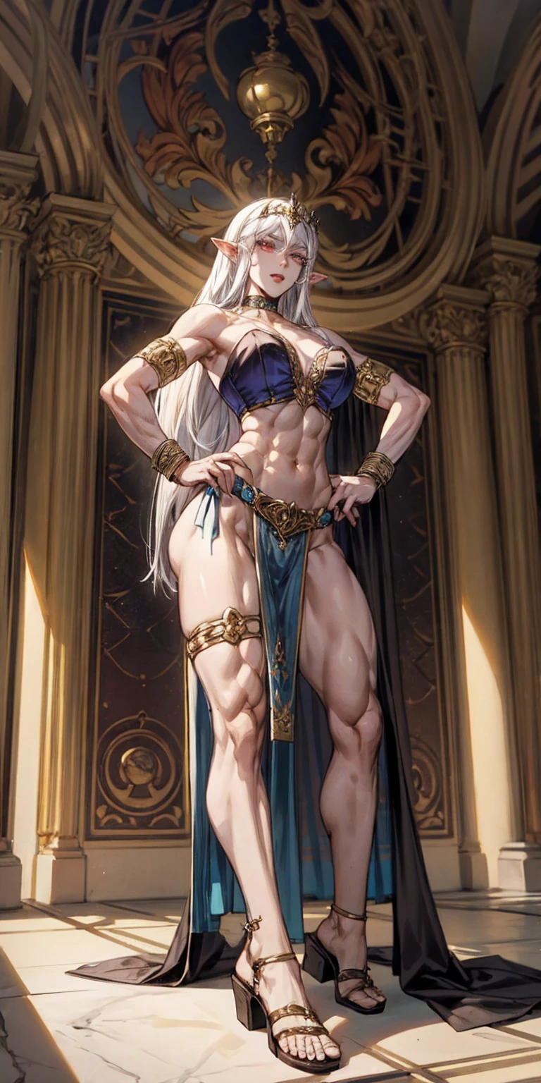 female drow elf blue pale skin full body whole body 1sologirl loincloth standing warrior proud expression, hands on hips, loincloth standing, hands on hips, metal sandals, leather choker with golden bell bellybutton navel, leather corset, big belt, view from below, feet together, bracers, tiara