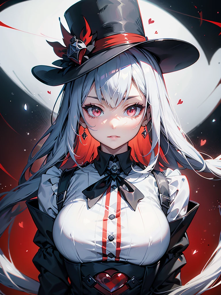 a close up of a person with a hat and a top hat, guys, anime cover, gothic harts, shadowverse style, from arknights, high detailed official artwork, black and white with red hearts, harley queen, nightcore, monochrome and red color bleed, light novel cover art, artbook artwork, artwork in the style of guweiz,A large distorted clock in the background、Anime Style、
