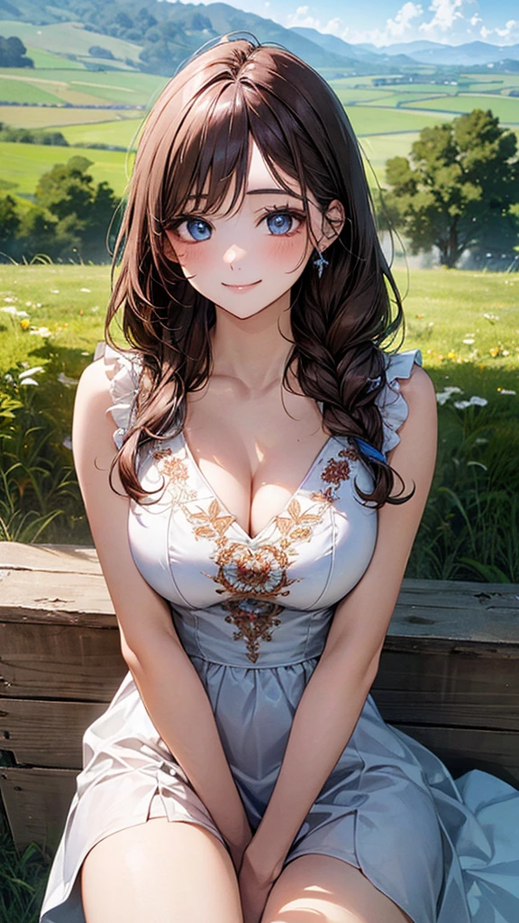 ((Highest quality)), ((High resolution)), ((masterpiece)), (detailed),
View your audience, Cowboy Shot, Written boundary depth, Anatomically correct, 1people, female, Perfect Face, Cute and symmetrical face, Shiny skin,
(Long Hair, Braided Hair, Chestnut Hair), Blue eyes, Long eyelashes, (Big Breasts:1.1),
Beautiful details, Beautiful Hair, Beautiful Face, Beautiful clavicle, Beautiful body, Beautiful breasts, Beautiful thighs, Beautiful feet,
(Dale, Delicate embroidery),
(Beautiful views), grassland, gel, (Cute Smile),
