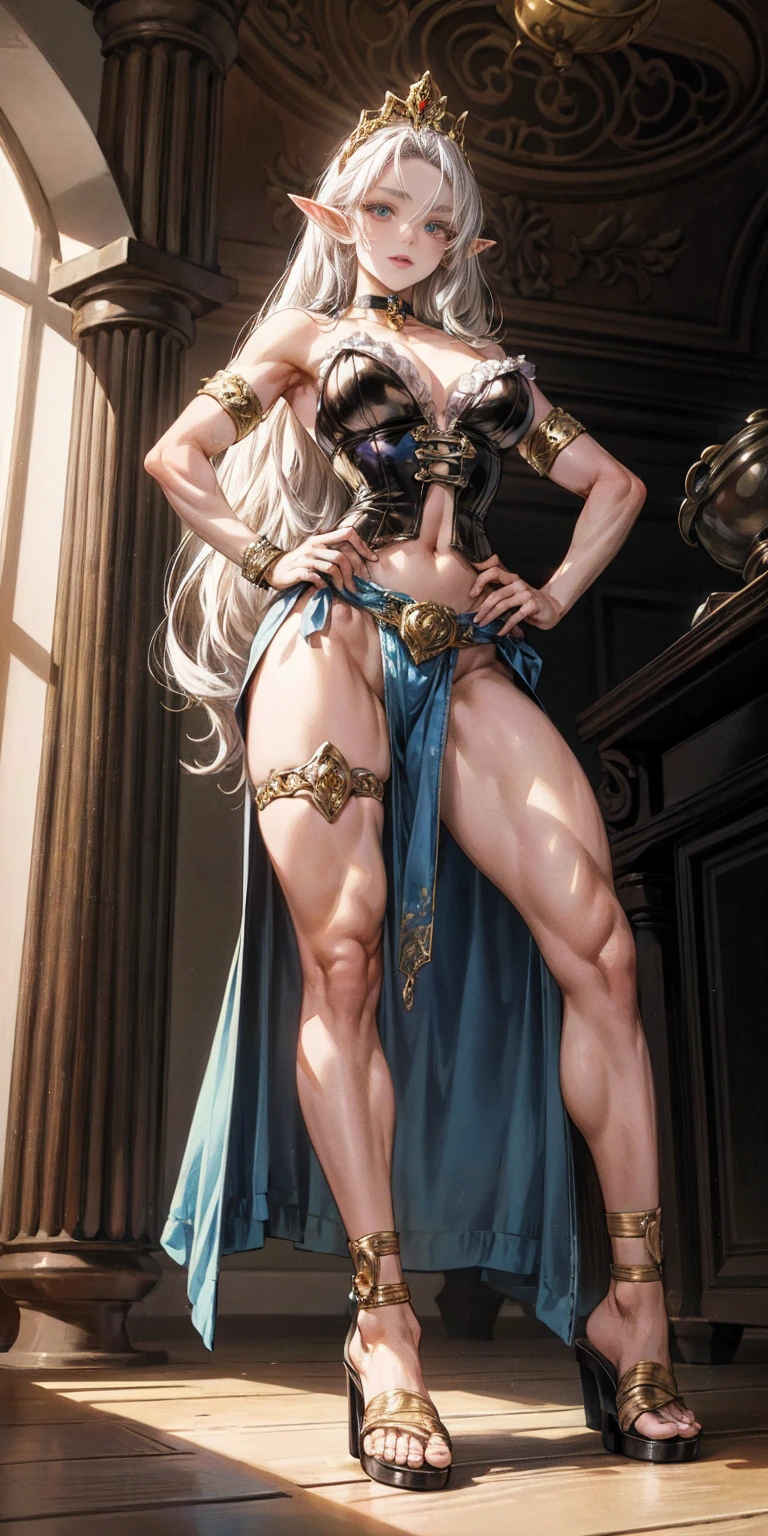 female drow elf blue pale skin full body whole body 1sologirl loincloth standing warrior proud expression, hands on hips, loincloth standing, hands on hips, metal sandals, leather choker with golden bell bellybutton navel, leather corset, big belt, view from below, feet together, bracers, tiara