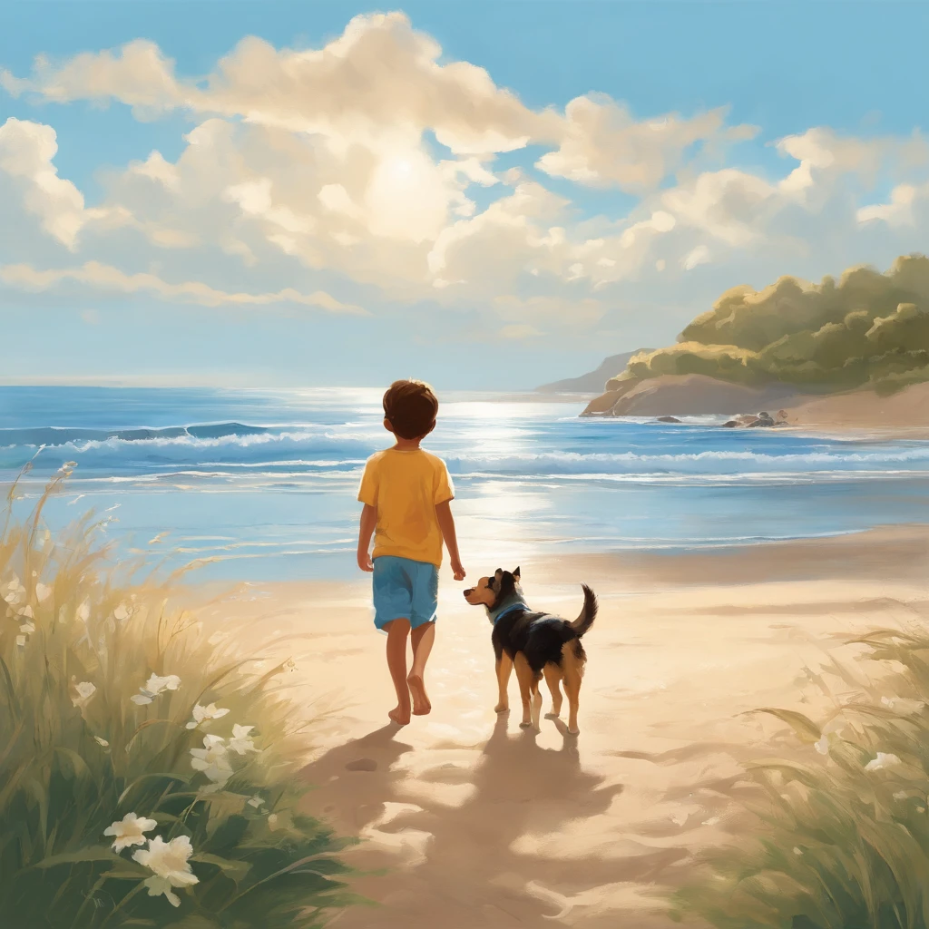 “In the style of Studio Ghibli, depict a serene summer scene by the seaside. A young boy walks along the shore with his dog, the ocean waves gently lapping at the sand. The sky is a vibrant blue, dotted with fluffy white clouds, and the sunlight bathes the landscape in a warm, golden glow. The atmosphere is peaceful and nostalgic, capturing the essence of a carefree summer day.”