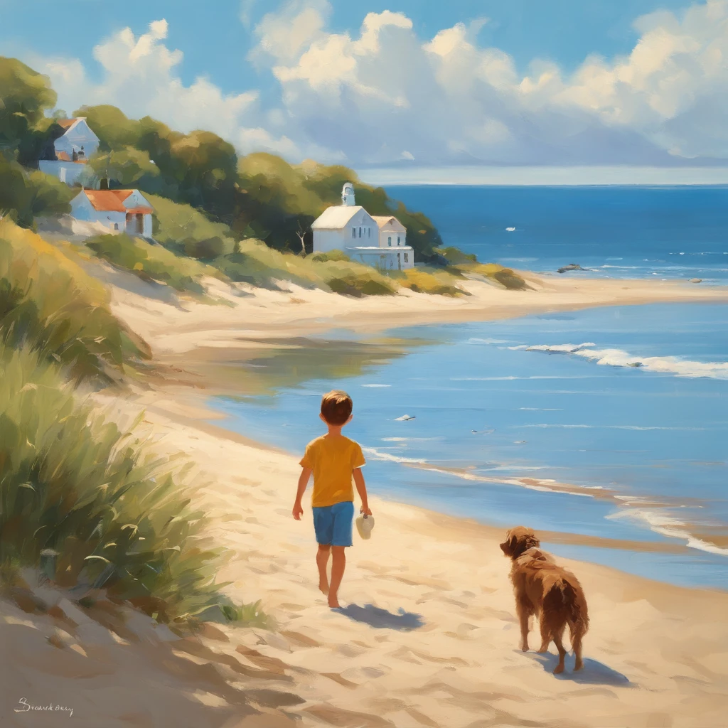 “In the style of Studio Ghibli, depict a serene summer scene by the seaside. A young boy walks along the shore with his dog, the ocean waves gently lapping at the sand. The sky is a vibrant blue, dotted with fluffy white clouds, and the sunlight bathes the landscape in a warm, golden glow. The atmosphere is peaceful and nostalgic, capturing the essence of a carefree summer day.”
