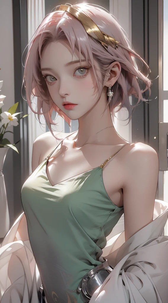 masterpiece, 1 girl, Exceptional style, Pure white one shoulder, indoor, Gold Collar, Sakura Haruno, Bright green eyes, Pink Hair, Sexy Girls