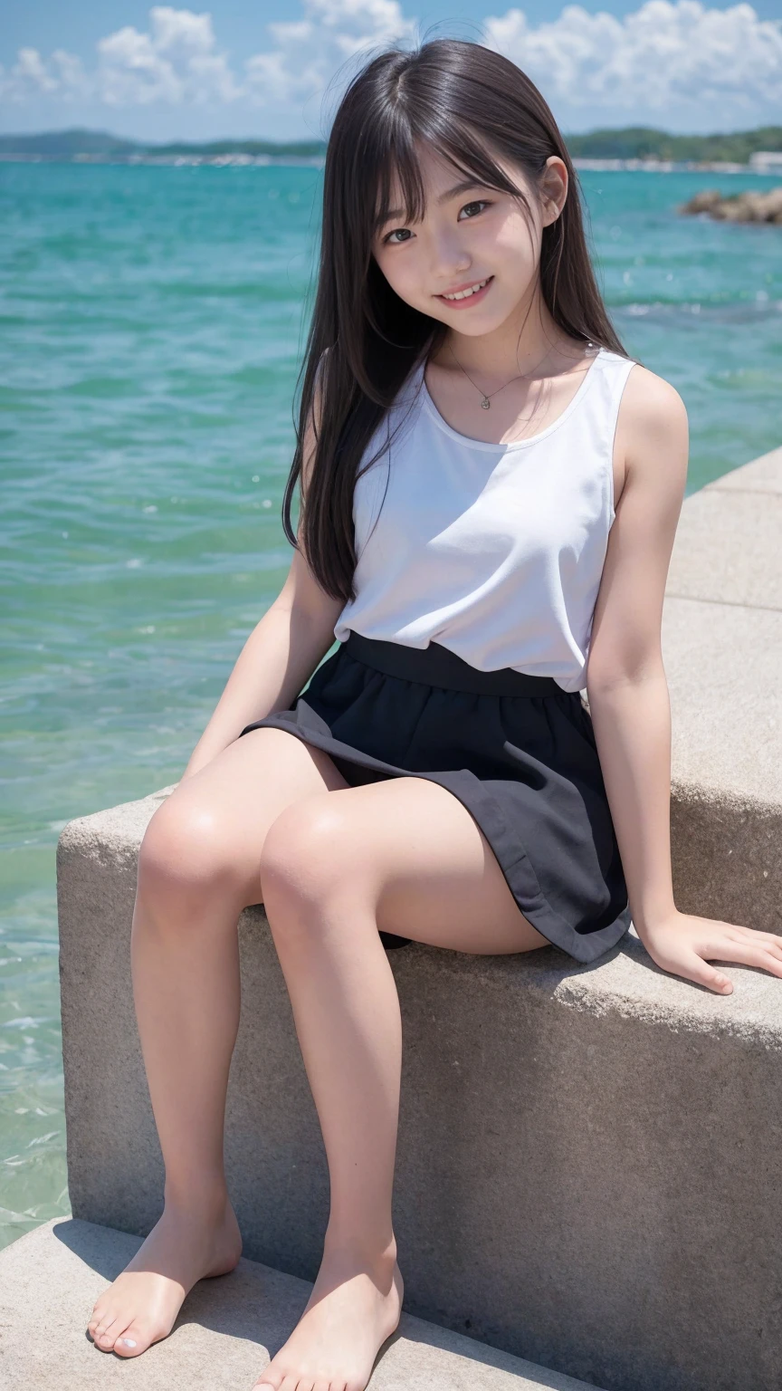 、Tank top、mini skirt、Fluffy long hair、Neat and clean dresses,sea,smile、大きい胸