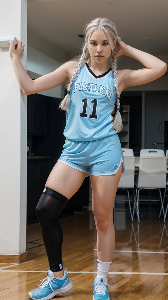 Female teenager with white hair with braids, White skin, light blue eyes with black basketball uniform with lycra full body 