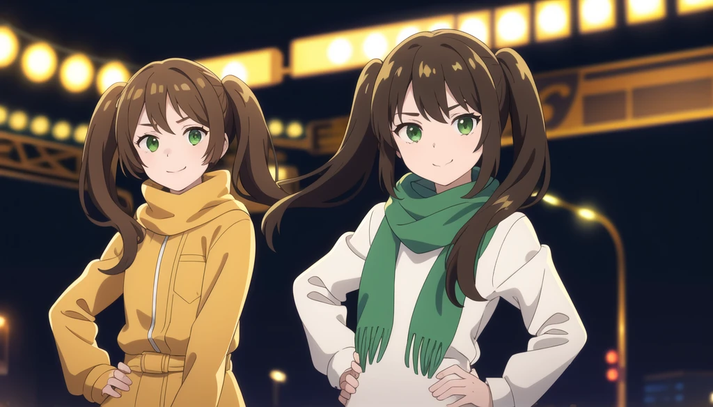 8K, best quality, masterpiece, (ultra-detailed:1.1), (high detailed skin),white background, standing, looking at viewer, 独奏, hand on hip,
fll, twintails, 1girl,Brown long hair,Green eyes,,Short height,Open your mouth,Dark green windbreaker,Flowing scarf,avatar,Startled,Open your mouth,Smile,Flip hair,City night scene,Street Lights,blur background,((Brown hair))
Beautiful lighting,Character edge light and shadow,Super photography,Superb atmosphere
( good hands, nice hands:0.5),
(beautiful_face), ((intricate_detail)), clear face,
((finely_detailed)), fine_fabric_emphasis,