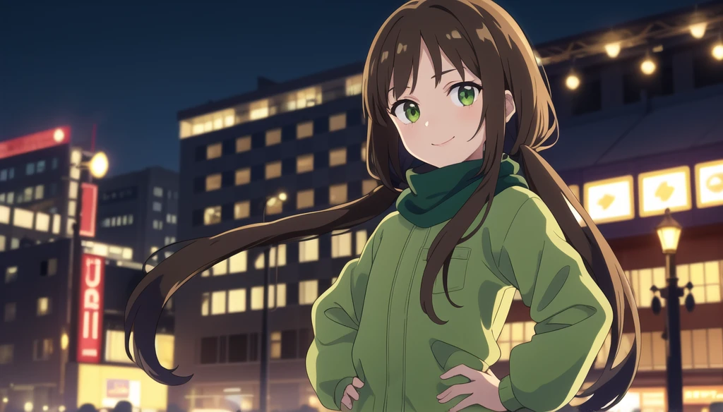 8K, best quality, masterpiece, (ultra-detailed:1.1), (high detailed skin),white background, standing, looking at viewer, 独奏, hand on hip, 
fll, twintails, 1girl，Brown long hair，Green eyes， girl，Short height，Open your mouth，Dark green windbreaker，Flowing scarf，avatar，Startled，Open your mouth，Smile，Flip hair，City night scene，Street Lights，blur background，（（Brown hair））
Beautiful lighting，Character edge light and shadow，Super photography，Superb atmosphere
( good hands, nice hands:0.5), 
(beautiful_face), ((intricate_detail)), clear face, 
((finely_detailed)), fine_fabric_emphasis, 