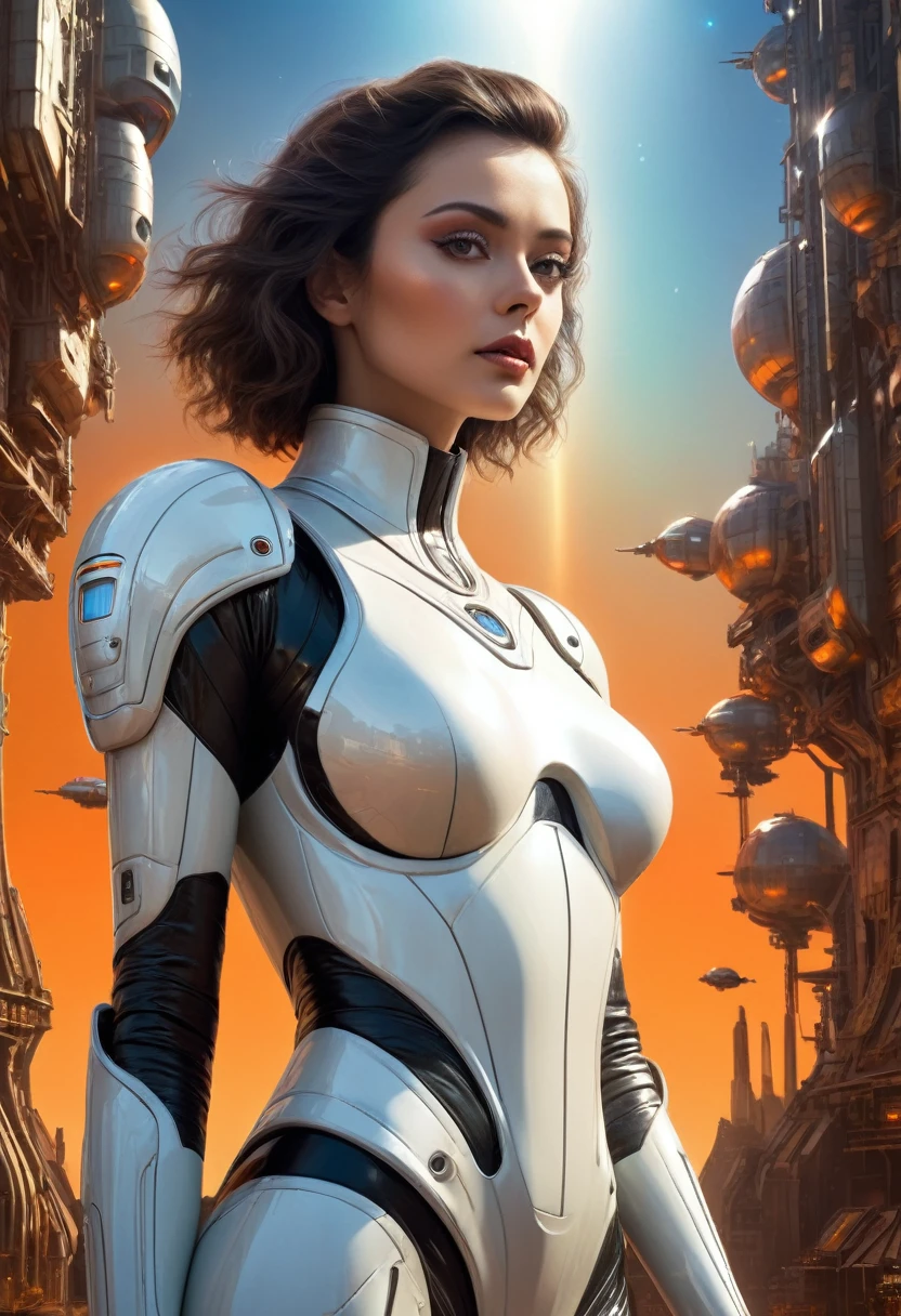 High Quality 16:9 images: Portrait of an attractive Caucasian woman, Looks like a futuristic android, in a Smooth white spacesuit against a bRight oRange backgRound, Reminiscent of 60s and 70s retrofuturism and pin-up art. The protagonist of this fascinating story is、Standing against the backdrop of towering megastructures、A woman peering into the endless universe。. This product embodies the essence of an astronaut with artificial intelligence., Thanks to careful study of every detail, From the perfectly designed teeth to the incredibly realistic texture of the suit. Her pupils are dilated, Surreal, Very detailed, In the background is a fantastical sci-fi landscape of a futuristic space station., Highest quality, masterpiece, 16K, (HDR: 1.4), High Contrast, Bokeh: 1.2, Lens flare, (Bright colors: 1.4), (Calm colors, Soft colors, Calm tone:0), Cinema Lighting, Ambient Lighting, Side lighting, Exquisite detail and texture, Cinematic shots, Warm tones, Wide Shot, by play eye, Ultra-realistic illustrations, Natural Sienna Color Ratio, Anime Style,, Shadow, canvas, Oil, Smooth, Ultra-high resolution, 8K, Unreal Engine 5, Ultra-sharp focus, Art from Artgerm, Roysh, fiction, complex aRtistic masterpiece, an ominous, Matte painted movie posters, Golden Ratio, Trending on CGSociety, Complex, amazing, Trending on Art Station, ARtgeRmの著者, H. R. Giger and Beksinski, Very detailed, Vivid, Staged cinematic representation of characters, Super high quality model, close, Super detailed, Art Station Trends, Clear focus, Studio Photo, Complex詳細, High detail, GReg Rutkowski,Realistic
