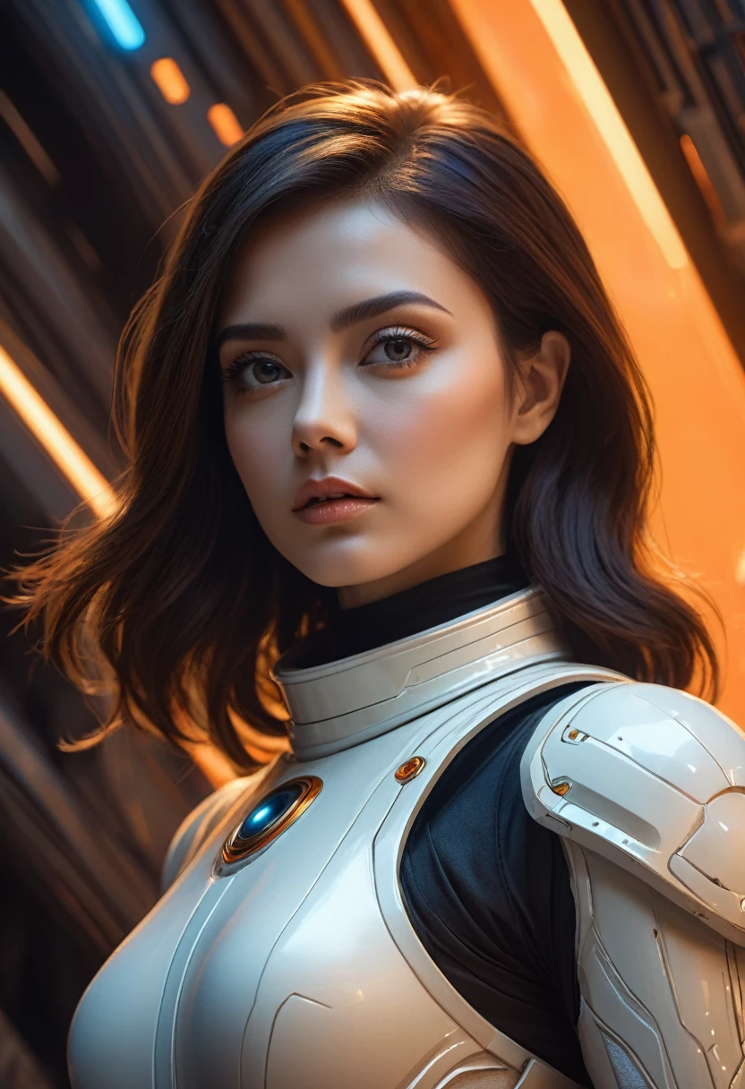 High Quality 16:9 images: Portrait of an attractive Caucasian woman, Looks like a futuristic android, in a Smooth white spacesuit against a bRight oRange backgRound, Reminiscent of 60s and 70s retrofuturism and pin-up art. The protagonist of this fascinating story is、Standing against the backdrop of towering megastructures、A woman peering into the endless universe。. This product embodies the essence of an astronaut with artificial intelligence., Thanks to careful study of every detail, From the perfectly designed teeth to the incredibly realistic texture of the suit. Her pupils are dilated, Surreal, Very detailed, In the background is a fantastical sci-fi landscape of a futuristic space station., Highest quality, masterpiece, 16K, (HDR: 1.4), High Contrast, Bokeh: 1.2, Lens flare, (Bright colors: 1.4), (Calm colors, Soft colors, Calm tone:0), Cinema Lighting, Ambient Lighting, Side lighting, Exquisite detail and texture, Cinematic shots, Warm tones, Wide Shot, by play eye, Ultra-realistic illustrations, Natural Sienna Color Ratio, Anime Style,, Shadow, canvas, Oil, Smooth, Ultra-high resolution, 8K, Unreal Engine 5, Ultra-sharp focus, Art from Artgerm, Roysh, fiction, complex aRtistic masterpiece, an  ominous, Matte painted movie posters, Golden Ratio, Trending on CGSociety, Complex, amazing, Trending on Art Station, ARtgeRmの著者, H. R. Giger and Beksinski, Very detailed, Vivid, Staged cinematic representation of characters, Super high quality model, close, Super detailed, Art Station Trends, Clear focus, Studio Photo, Complex詳細, High detail, GReg Rutkowski,Realistic