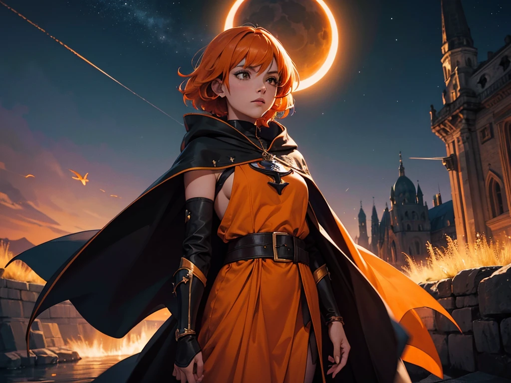 A female character with short orange hair wearing a flowing cape and crowd dressed in cape and hood, night sky, Eclipse, 8k, Magnificent, adulto, armadura detalhada, Magnificent, lo gothic, Cidade medieval dourado preto, fluttering cover, entardecer