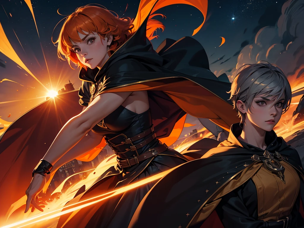 A female character with short orange hair wearing a flowing cape and crowd dressed in cape and hood, night sky, Eclipse, 8k, Magnificent, adulto, armadura detalhada, Magnificent, lo gothic, Cidade medieval dourado preto, fluttering cover, entardecer