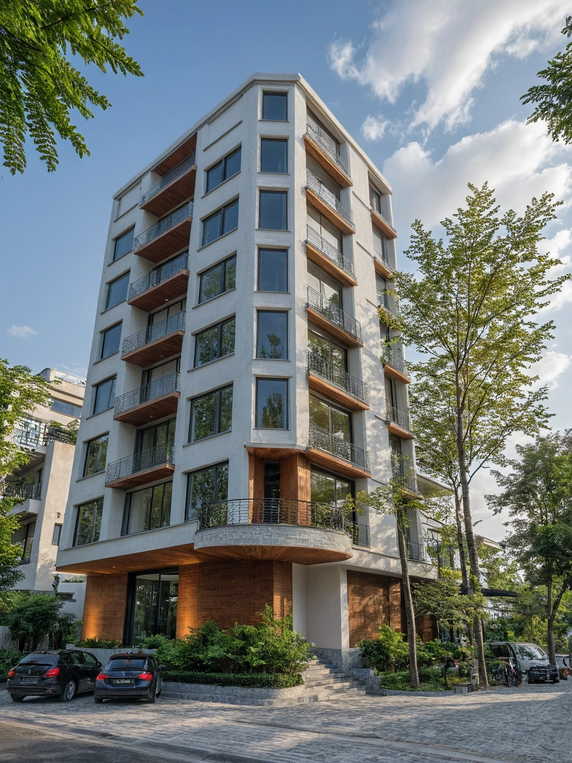 Masterpiece, high quality, wooden louvers, best quality, authentic, super detail, outdoors, onestoreyvillaXL, aiaigroup, house style modern on the street ,stairs, white wall ,road,pavement, grass, trees, sky, cloud, (daylight:1.1)
