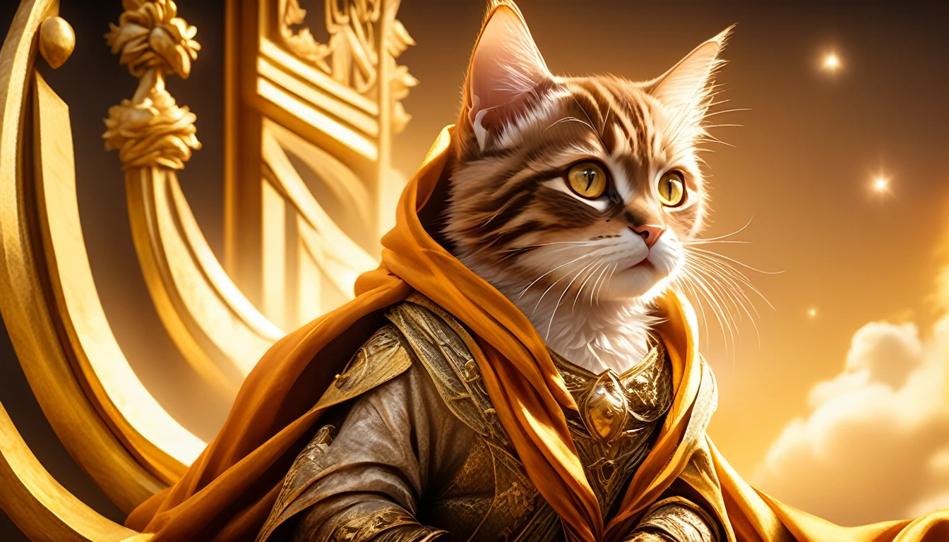 C4tt4stic: An anthropomorphic brown tabby kitten with golden eyes, set in medieval Europe, wearing a luxurious robe. Fantasy art in a dramatic movie scene with a cinematic, realistic style. Atmospheric particles, detailed, full frame, 8k resolution.