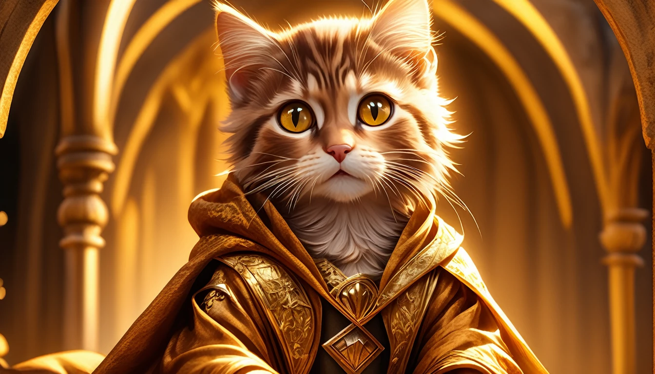 C4tt4stic: An anthropomorphic brown tabby kitten with golden eyes, set in medieval Europe, wearing a luxurious robe. Fantasy art in a dramatic movie scene with a cinematic, realistic style. Atmospheric particles, detailed, full frame, 8k resolution.