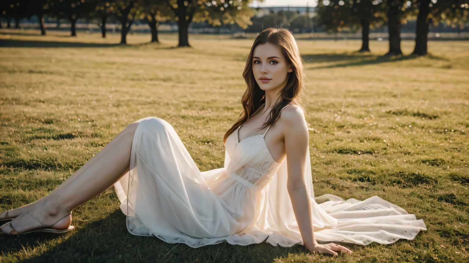 an icelandic woman with beautiful Delicate eyes, Beautiful and delicate lips, Extremely detailed face and skin, Pale skin, 23 years old,Wearing a long dress with spaghetti straps，high heels, medium long shot, Sitting on the grass in the park, beautiful light and shadow，
panoramic view, (long legs), (full body portrait). Beautiful photography，Long eyelashes, Good anatomy , Practical skin texture, Delicate eyes, professional, 4K, Wide-angle lens, Optical Depth of Field, Kodak Vision Color, Perfectly proportioned body, Extremely detailed, ultra-photoPractical, Practical, Post-Processing, Maximum details, Roughness, real life, ultra -Practical, Photorealism, photography, 8K Ultra HD, photography