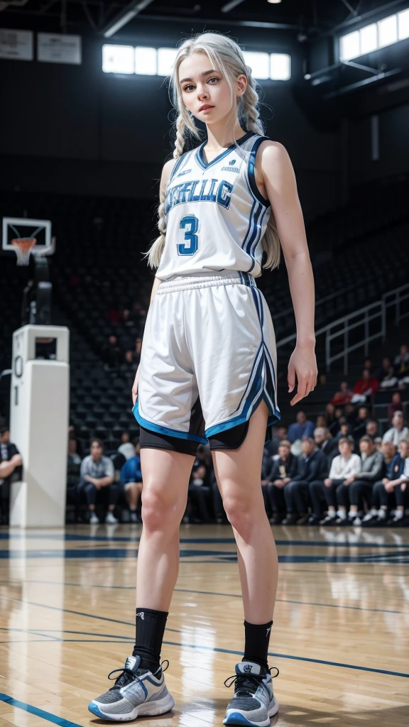 Female teenager with white hair with braids, White skin, light blue eyes with black basketball uniform with lycra full body 