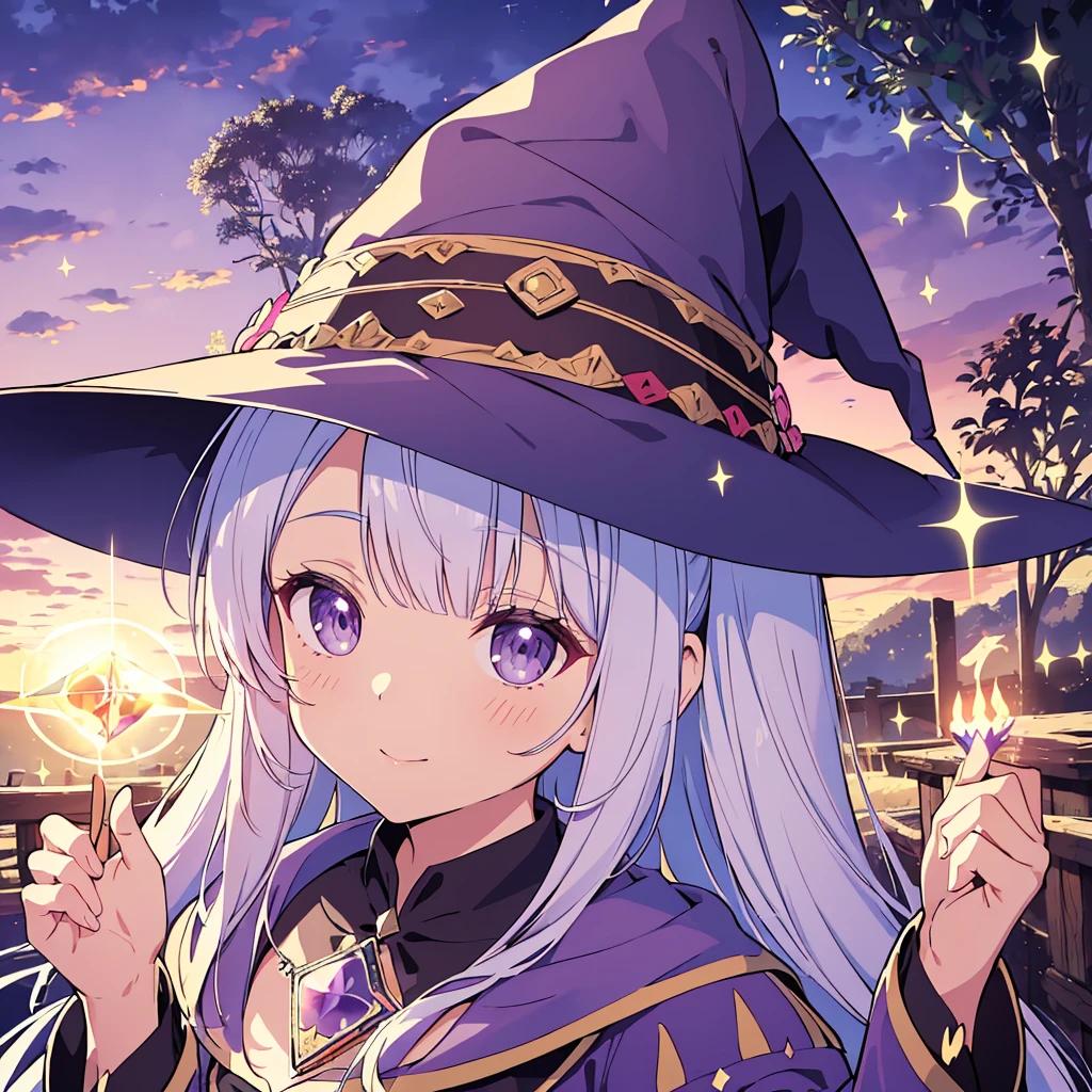 absurderes, high resolution, (animated style:1.1), ((Mesa)), ((Best Quality)), (ultra detailed), (beautiful),beautiful face、(rise),Pretty girl、(salvadera:1.4),in a panoramic view,Cute old woman solo, purple dress、Very detailed, cinematic lighting effect,4k,Masterpiece,Official Art、(((((long、magical 、magic)))))witch's hat、witch'Wand、((pelo long morado))The fantastic landscape,Super delicate eyes、(((((Adults、The upper part of the body)))))