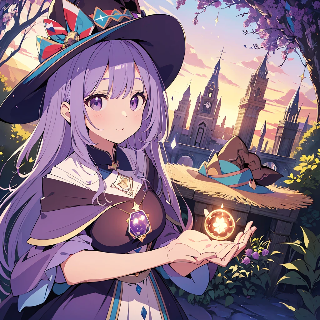 absurderes, high resolution, (animated style:1.1), ((Mesa)), ((Best Quality)), (ultra detailed), (beautiful),beautiful face、(rise),Pretty girl、(salvadera:1.4),in a panoramic view，Cute old woman solo, purple dress、Very detailed, cinematic lighting effect，4k，Masterpiece，Official Art、(((((long、magical 、magic)))))witch's hat、witch&#39;Wand、((pelo long morado))The fantastic landscape,Super delicate eyes、(((((Adults、The upper part of the body)))))