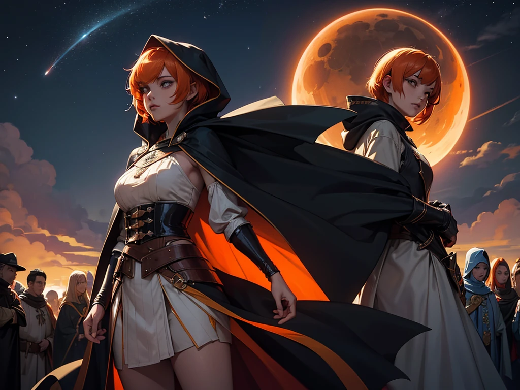A female character with short orange hair wearing a flowing cape and crowd dressed in cape and hood, night sky, Eclipse, 8k, Magnificent, adulto, armadura detalhada, Magnificent, lo gothic, Cidade medieval dourado preto, fluttering cover, entardecer
