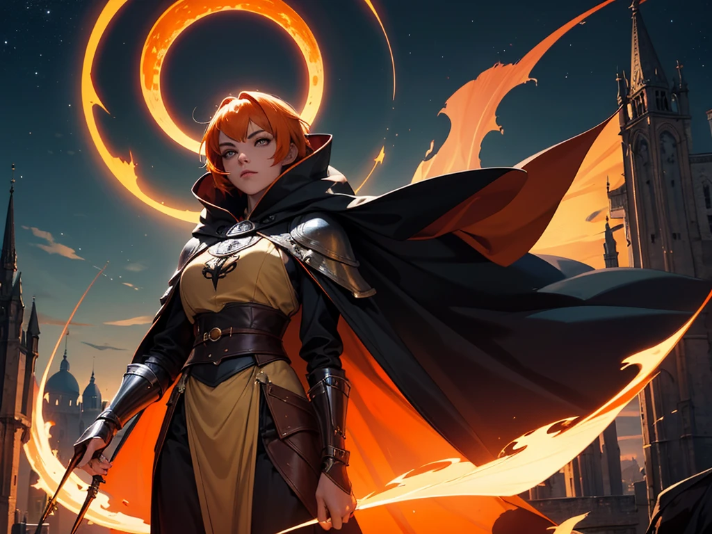 A female character with short orange hair wearing a flowing cape and crowd dressed in cape and hood, night sky, Eclipse, 8k, Magnificent, adulto, armadura detalhada, Magnificent, lo gothic, Cidade medieval dourado preto, fluttering cover, entardecer