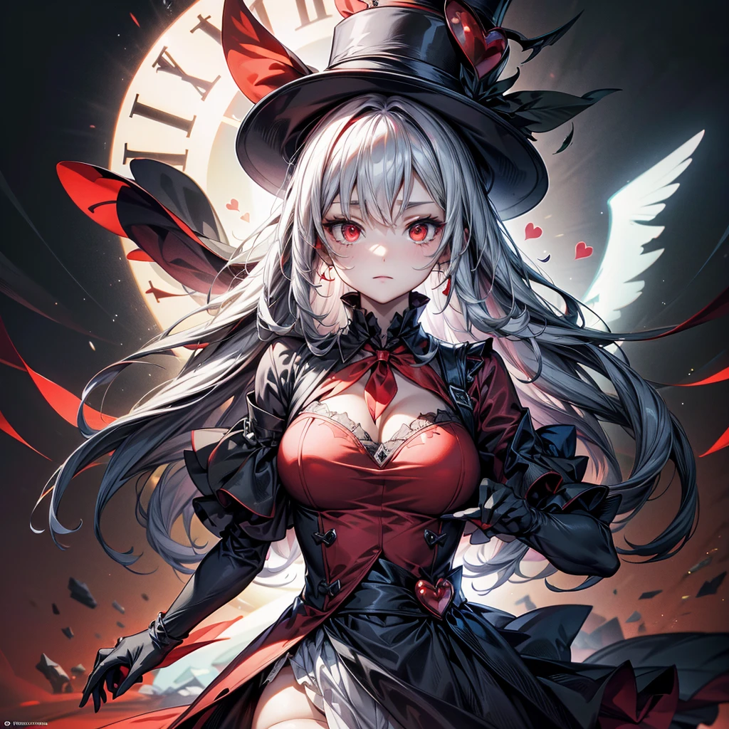 a close up of a person with a hat and a top hat, guys, anime cover, gothic harts, shadowverse style, from arknights, high detailed official artwork, black and white with red hearts, harley queen, nightcore, monochrome and red color bleed, light novel cover art, artbook artwork, artwork in the style of guweiz,A large distorted clock in the background、Anime Style、
