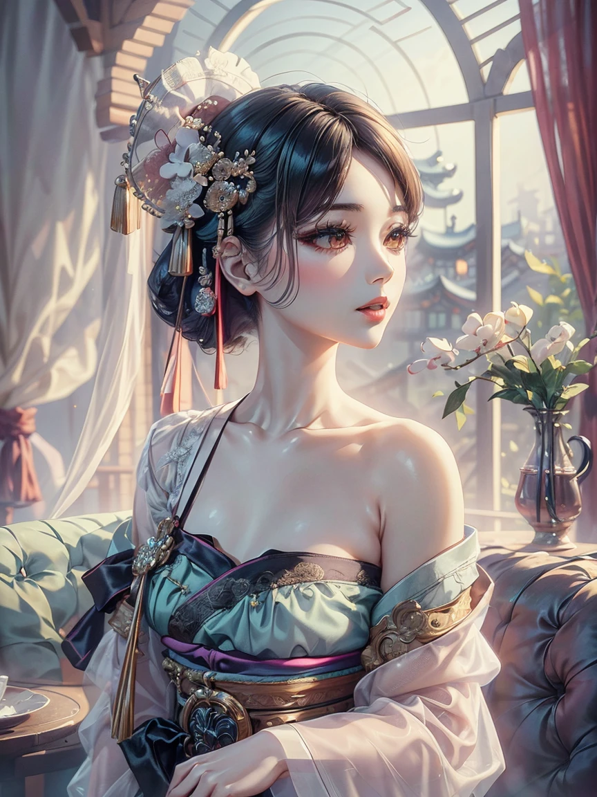 (masterpiece), (top quality), (beautiful and aesthetic), (1 woman), (1930s Korean woman), resembles Korean idol, highly detailed, shoulder exposed, chest exposed, traditional hanbok, upper body, portrait.