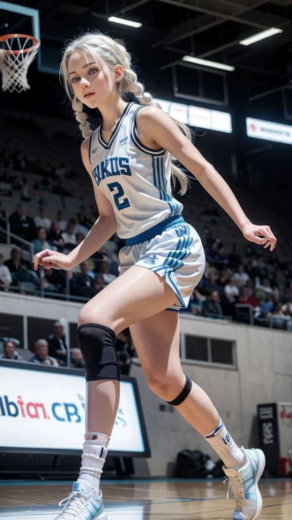 Female teenager with white hair with braids, White skin, light blue eyes with black basketball uniform with lycra full body 