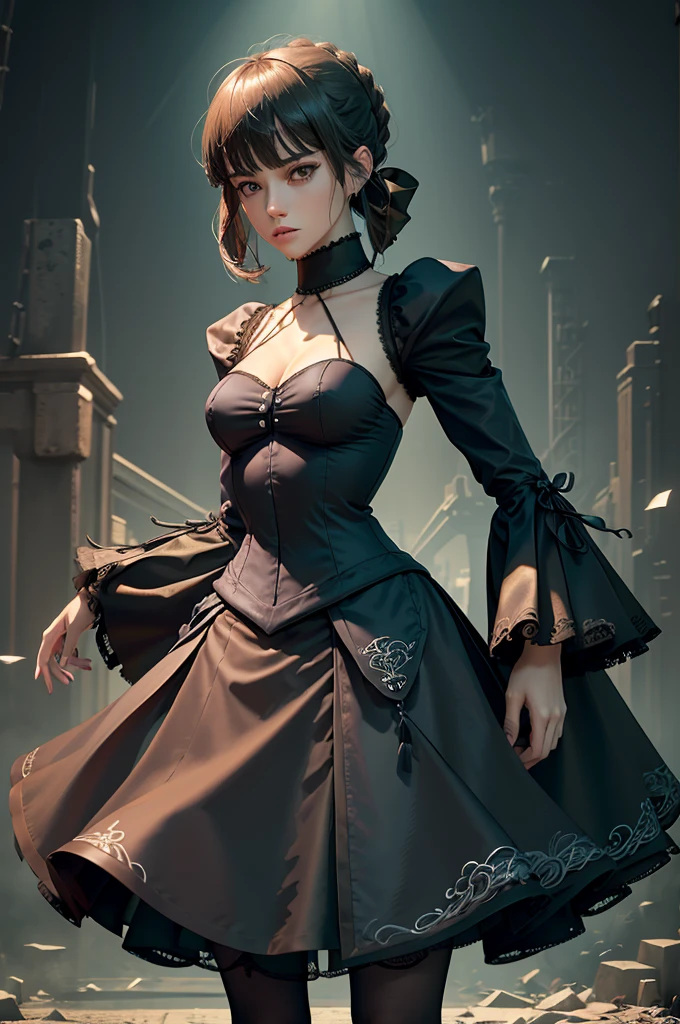 (((Masterpiece, top quality, super detailed))), One female, (((Very Slender body))) , (((Long, thin legs))), (((short black bob, thick puffy bangs ))), (((very detailed face))), cosmetics-free, small thin nose, small thin-lipped mouth, (((very sharp focused eyes))), large slit precision pale grey eyes, sparkling like jewels, Long eyelashes, ((Very decorative intricate mechanical steampunk fashion, Lace Flared mini skirt, Lace stockings above the knee, Lace Off-shoulder lolita fashion, Overly decorative fashion)), The night an abandoned, intricately mechanized steampunk factory burns and explodes, (((overall accuracy has improved dramatically, creating a super detailed and realistic image))),  Super realistic photo.Ryuujou, brown hair, brown eyes, twintails,