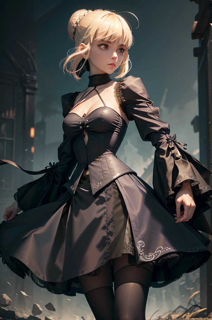 (((Masterpiece, top quality, super detailed))), One female, (((Very Slender body))) , (((Long, thin legs))), (((short black bob, thick puffy bangs ))), (((very detailed face))), cosmetics-free, small thin nose, small thin-lipped mouth, (((very sharp focused eyes))), large slit precision pale grey eyes, sparkling like jewels, Long eyelashes, ((Very decorative intricate mechanical steampunk fashion, Lace Flared mini skirt, Lace stockings above the knee, Lace Off-shoulder lolita fashion, Overly decorative fashion)), The night an abandoned, intricately mechanized steampunk factory burns and explodes, (((overall accuracy has improved dramatically, creating a super detailed and realistic image))),  Super realistic photo.