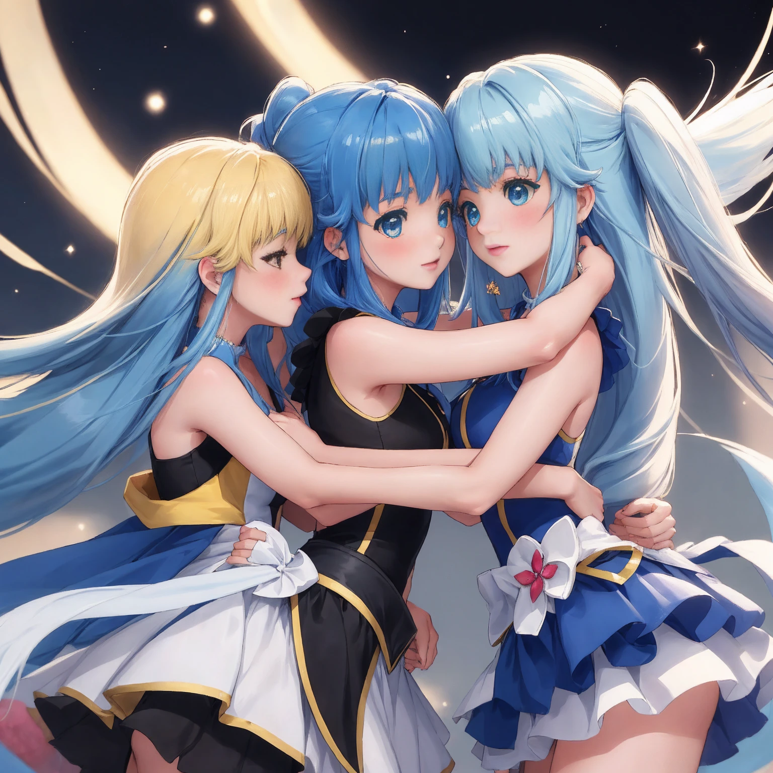 (masterpiece, best quality) 2girls hug each other (2girls with 2arms each one) (blonde and blue hair) size difference